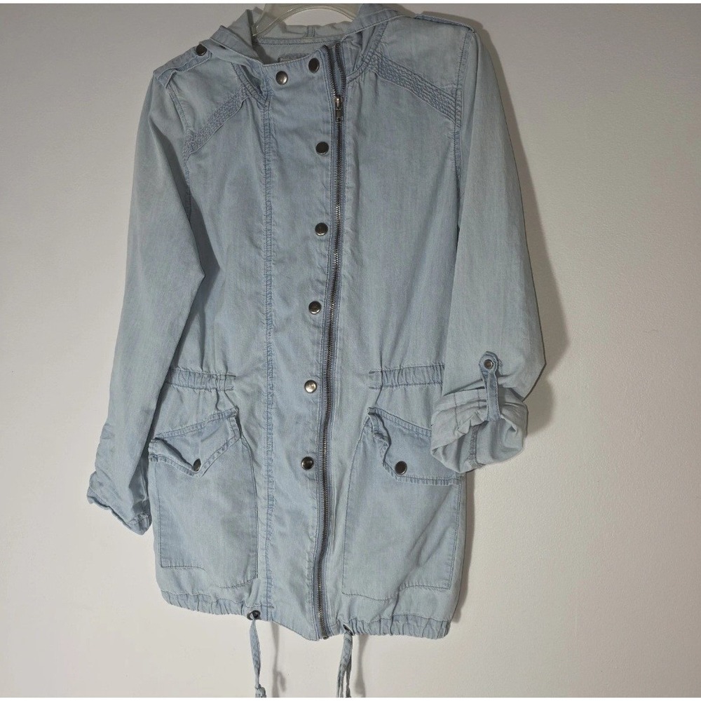 Forever 21+ Light Wash Hooded Utility Anorak Jacket Soft Denim Zip Up Women's M